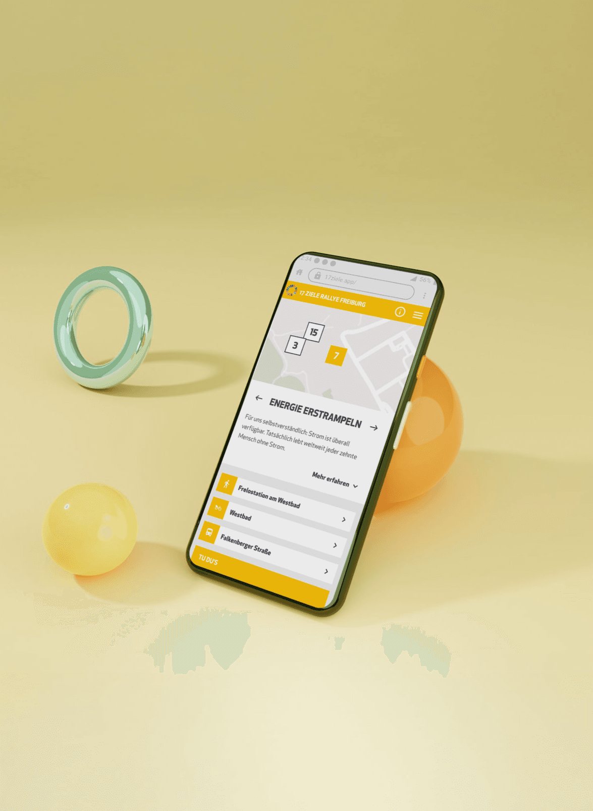 Mockup eines Smartphones mit Vorschau einer Detailseite der 17 Ziele App