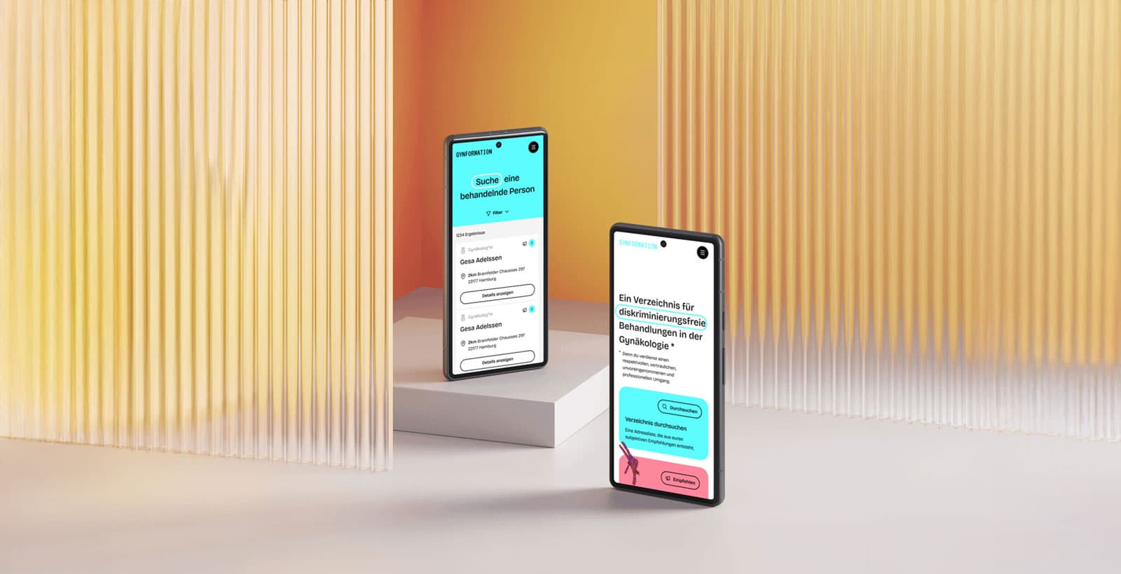 Mockup zwei mobiles Screens des Redesigns der Gynformation Webseite