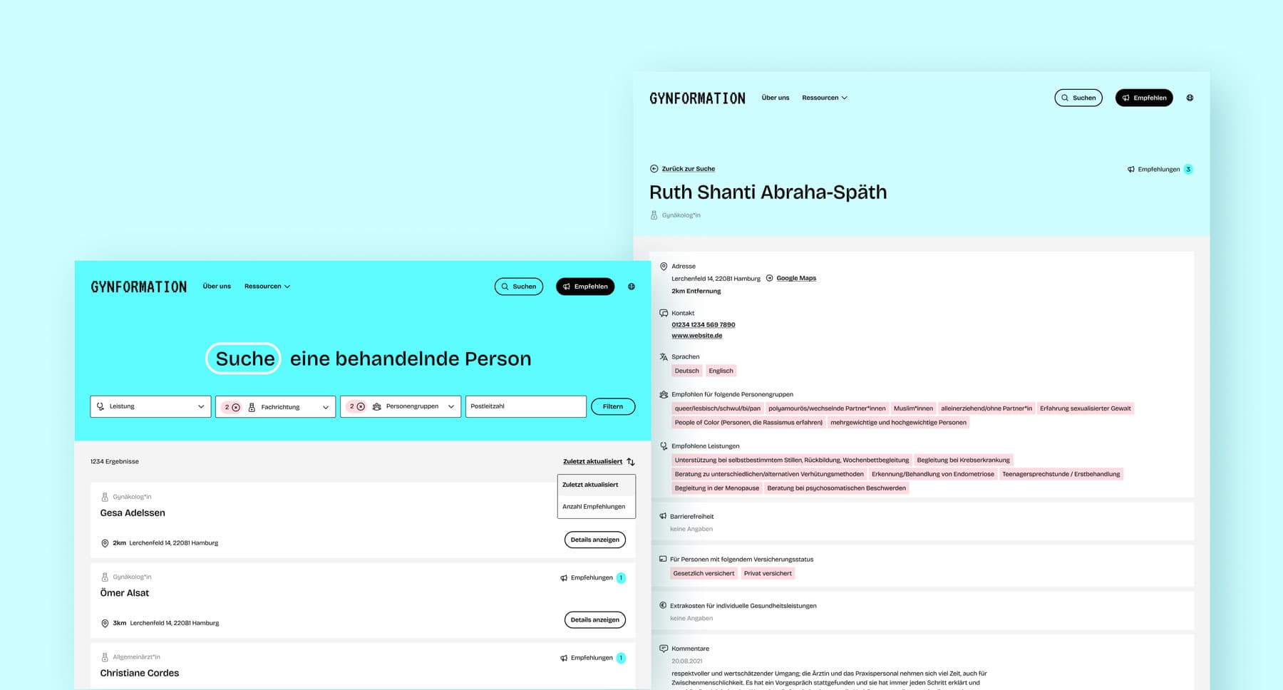 Zwei Desktopscreens des Redesigns der Gynformation Webseite