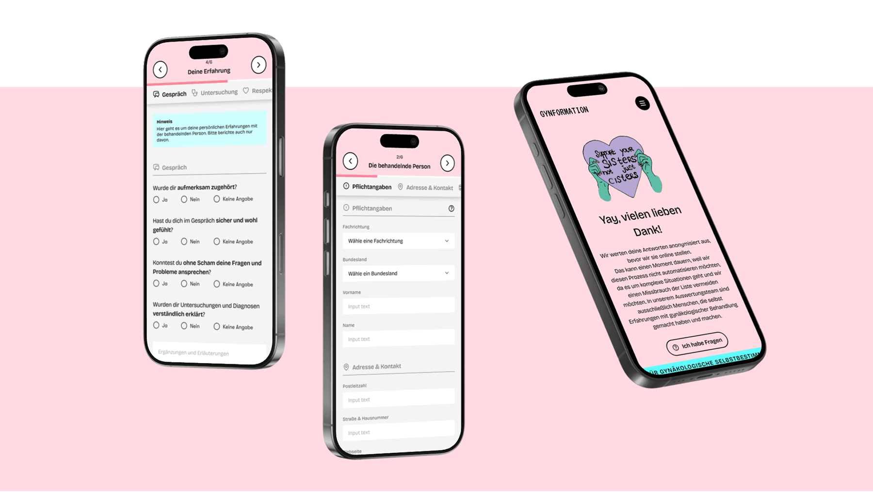 Drei Smartphone-Mockups mit Screens des Redesigns der Gynformation Webseite