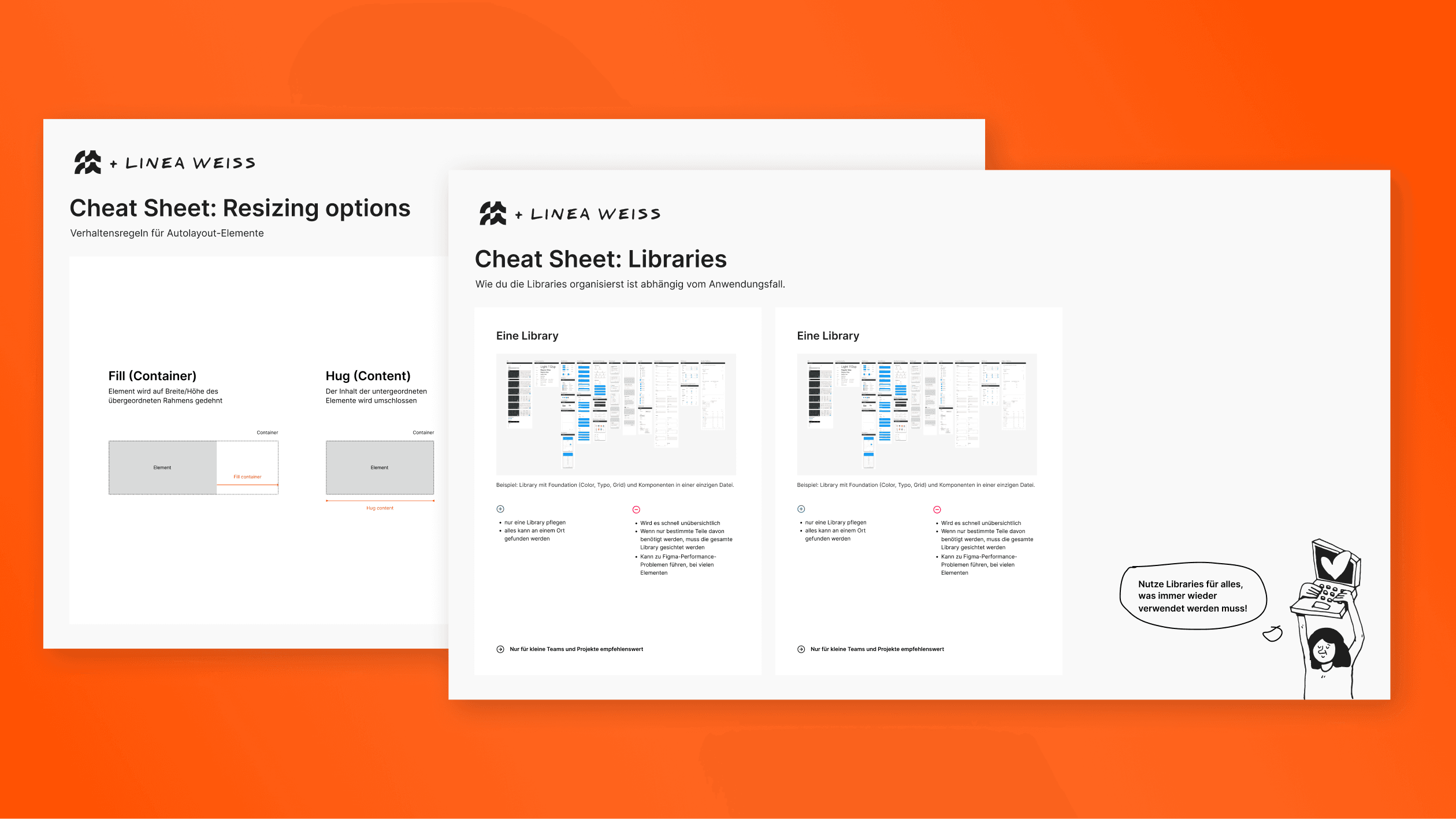 Schaubilder für Funktionen in Figma mit Verhaltensregeln und Tipps für Autolayout-Elemente und Bibliotheken