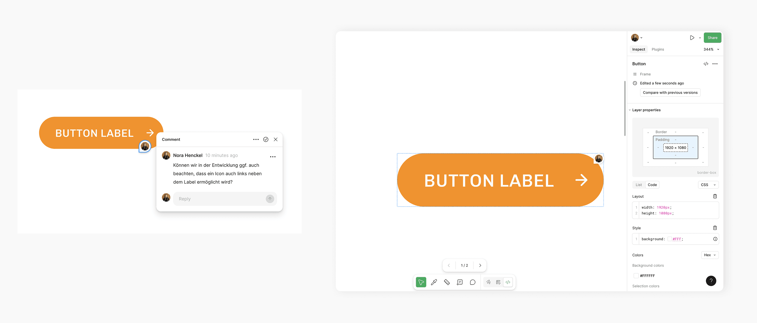 Vorschau von Kommentaren in Figma und dem Dev-Mode mit Spezifikationen