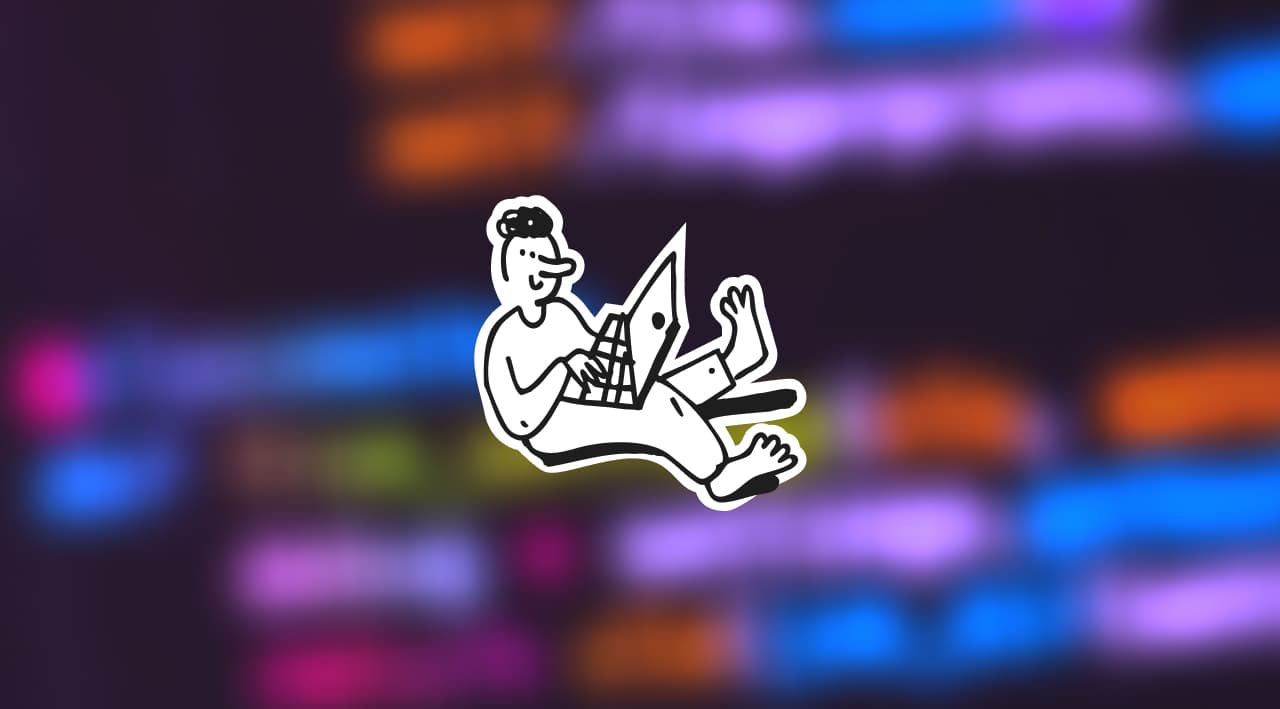 Illustration einer sitzenden person mit Laptop auf einem verschwommenen Hintergrund mit Codeeditor