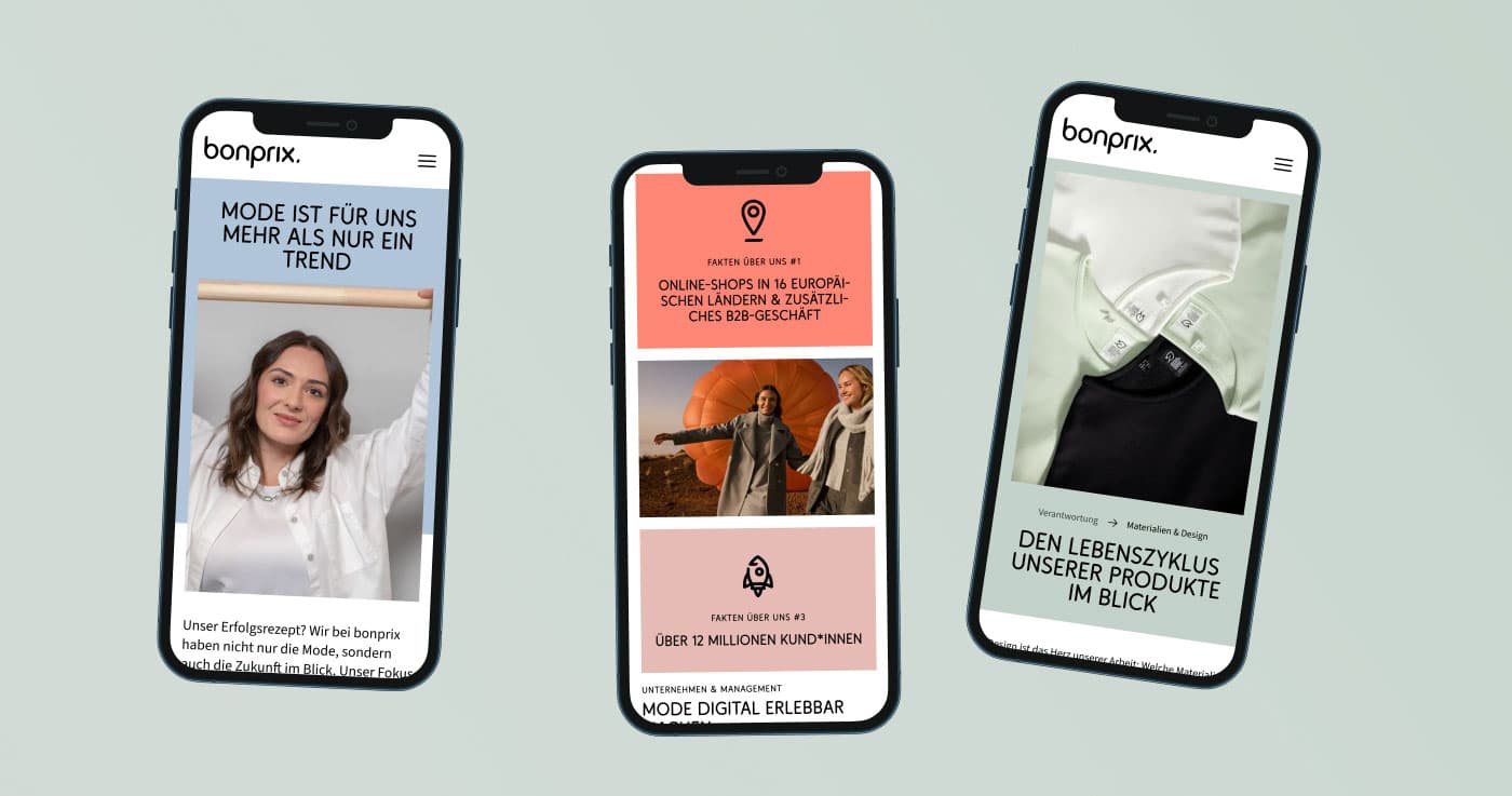 Drei mobile Screens die unterschiedliche Ausschnitte von der bonprix Corporate Seite zeigen